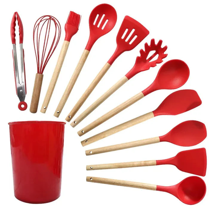 Kit Utensílios de Cozinha Silicone com Cabo de Madeira